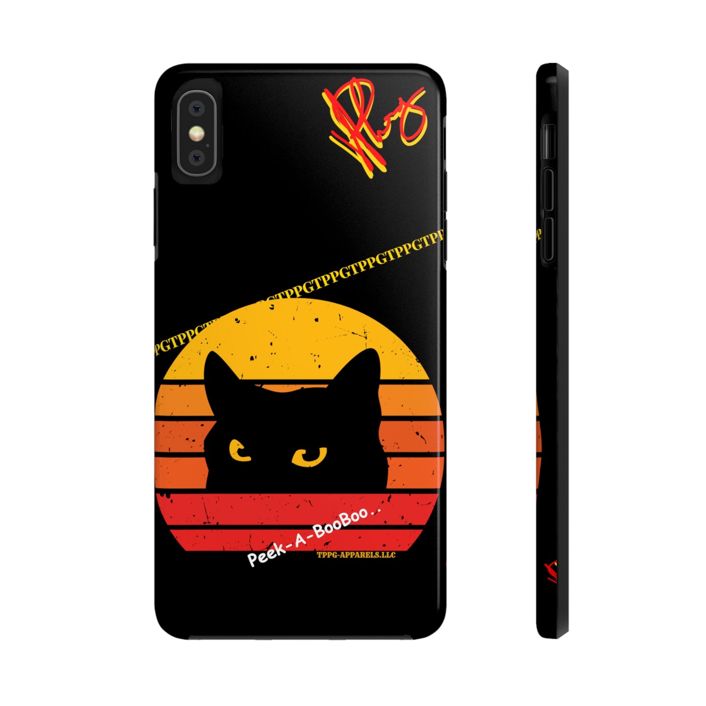 One of our Cutest Cat "Peek-A-BOOO.." Pet Designs (in a Bold Yellow/Orange/Red Base Colors) Verision from the 'TPPG Collection' Line carries Several sizes of the "iPhone Series" Tough Phone Cases