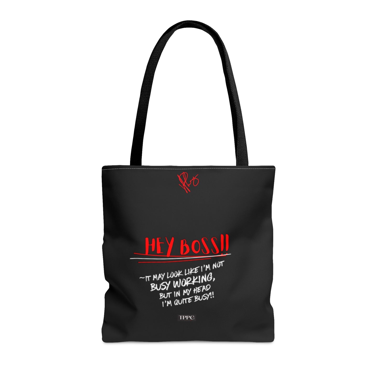 Fun 3 sizes - Black 'Hey, Boss' Handy 'Brand Quotable Design' - Front facing Style Design Tote Bag from the 'TPPG-Apparel' Brand Collection