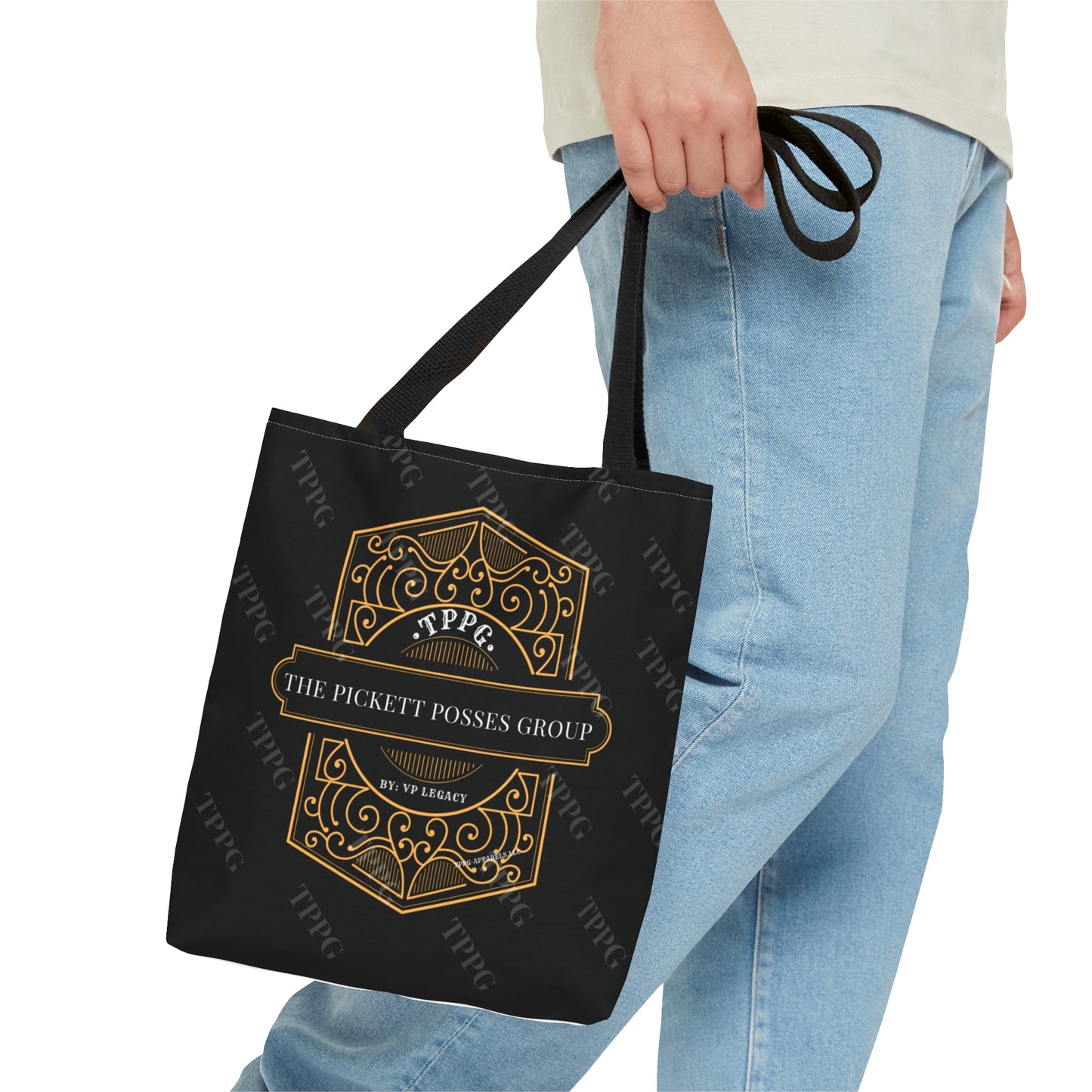 3 sizes-Sleek 'TPPG-Apparel' Brand Style Tote Bag w/Gold Crest on Front facing