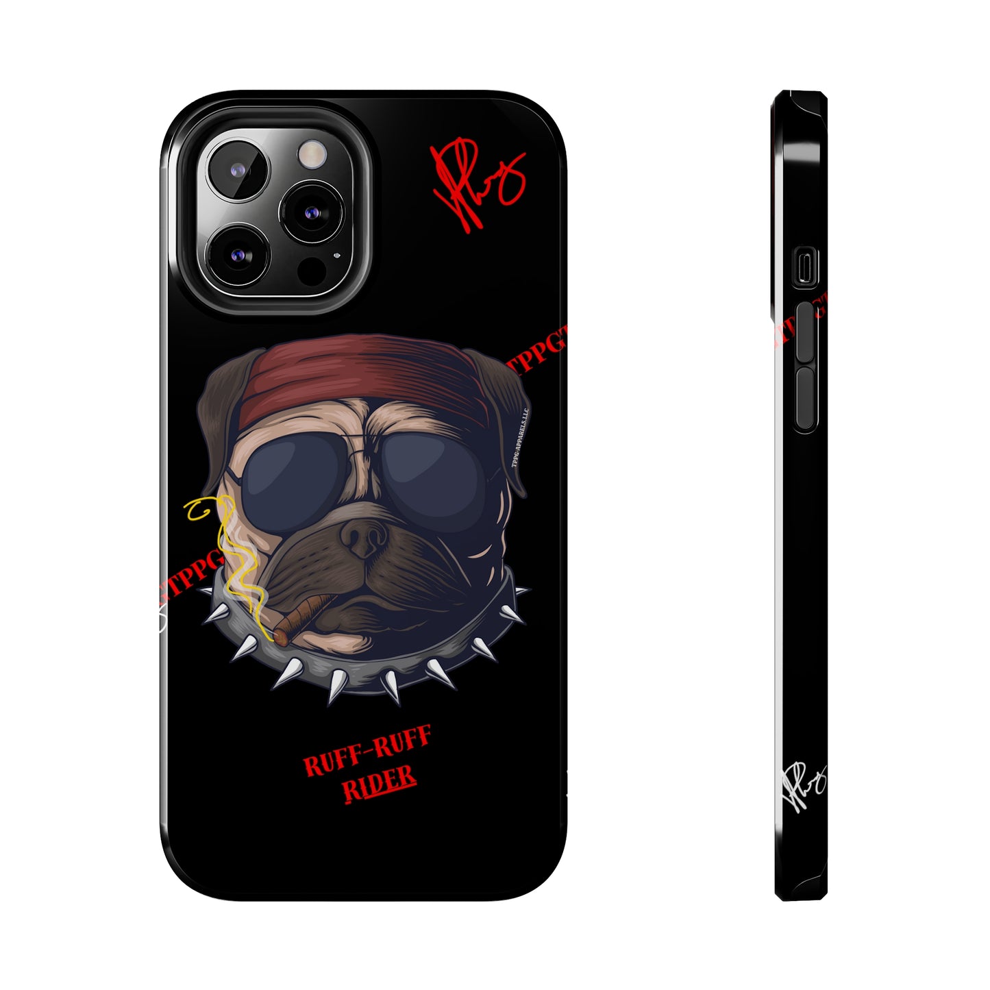 This Tough Design of A "Ruff Rider" with a Black Base Color - Cute Pet Design for Dog Owners Verision from the 'TPPG Collection' Line carries Several sizes of the "iPhone Series" Tough Phone Cases