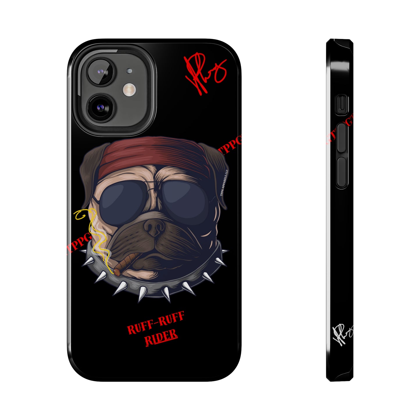 This Tough Design of A "Ruff Rider" with a Black Base Color - Cute Pet Design for Dog Owners Verision from the 'TPPG Collection' Line carries Several sizes of the "iPhone Series" Tough Phone Cases