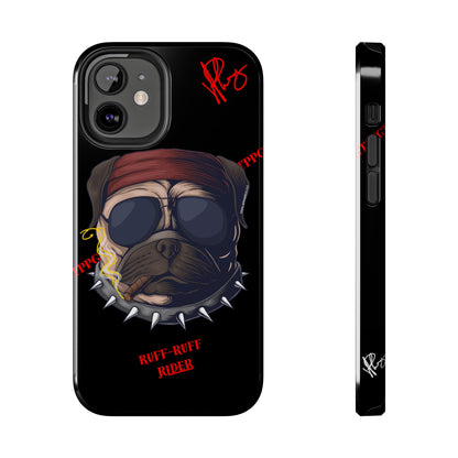 This Tough Design of A "Ruff Rider" with a Black Base Color - Cute Pet Design for Dog Owners Verision from the 'TPPG Collection' Line carries Several sizes of the "iPhone Series" Tough Phone Cases