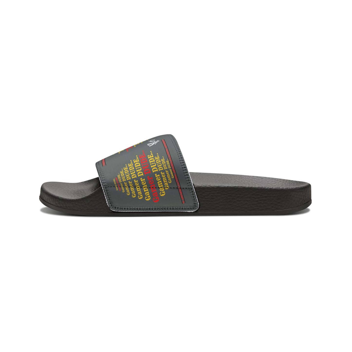 These are our "TPPG Brand" Grey Top/Black & White Soles "Gamer" Printed Men/Women's & Children Slide Sandals