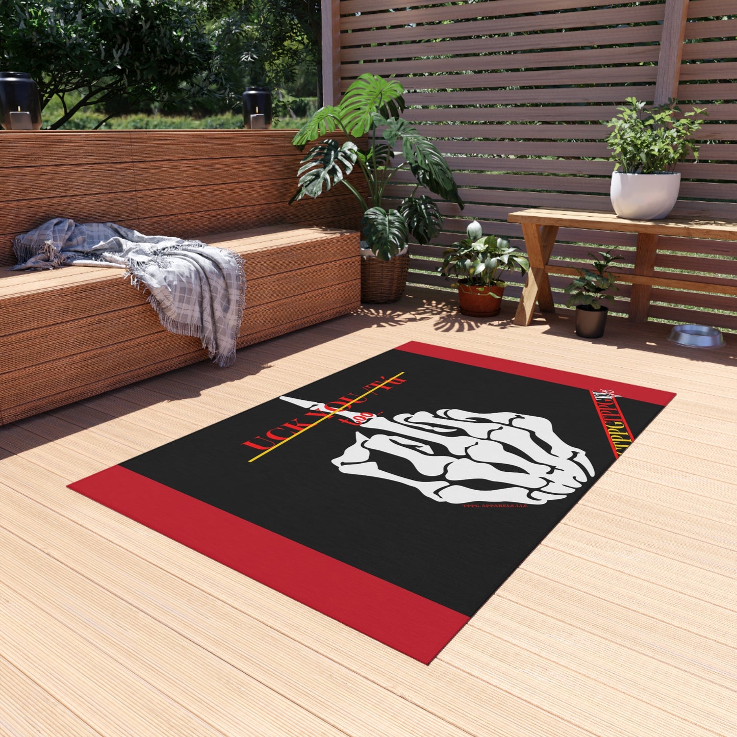 'TPPG'-Kool Rock Skelton Design ('Uck You Tú') Red/Black Durable & Non-Slip Outdoor Rug