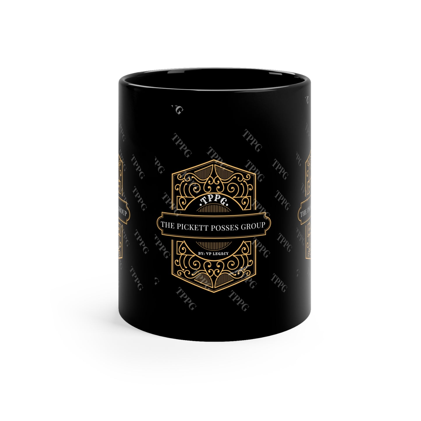 Sleek 11oz Black w/Gold Logo "TPPG-Apparels Brand" Style Glossy Finish Coffee/Tea Mug - from the 'TPPG-Apparels' Brand Collection