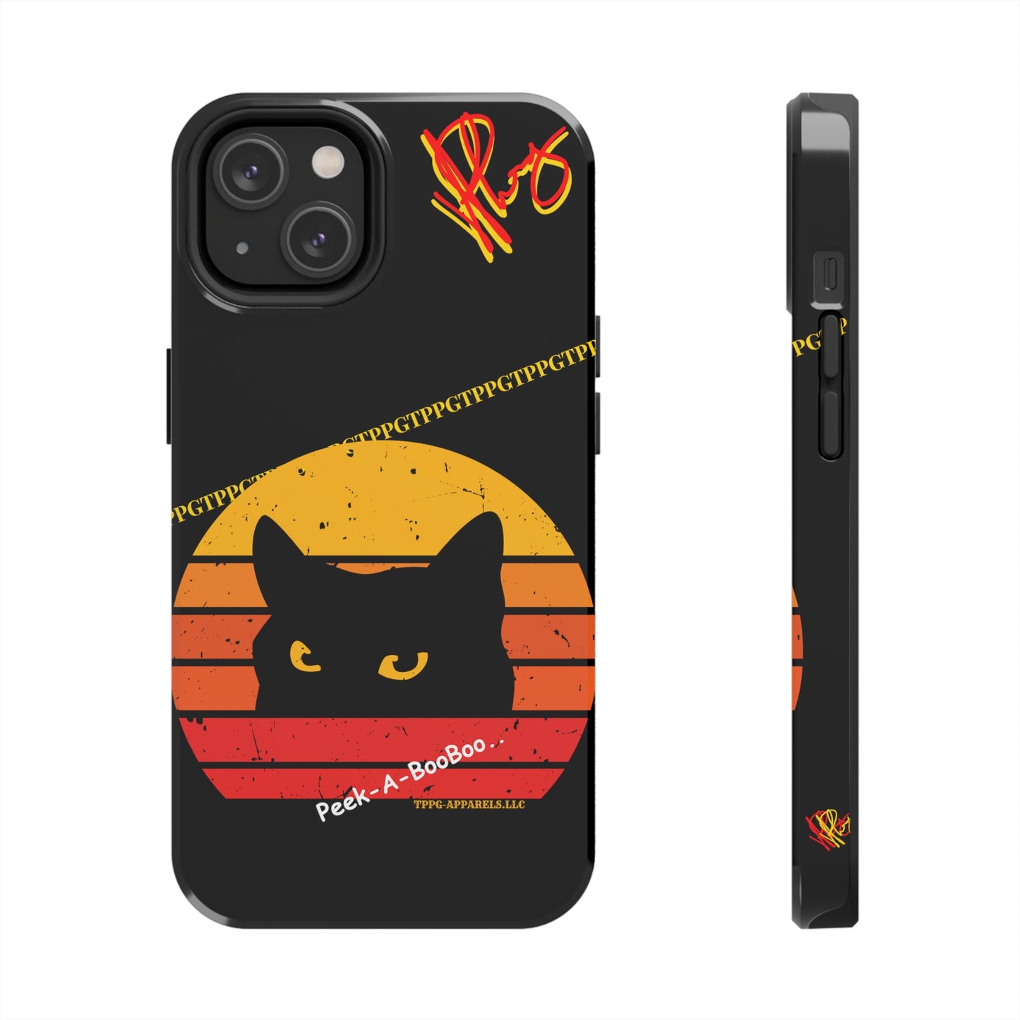 One of our Cutest Cat "Peek-A-BOOO.." Pet Designs (in a Bold Yellow/Orange/Red Base Colors) Verision from the 'TPPG Collection' Line carries Several sizes of the "iPhone Series" Tough Phone Cases