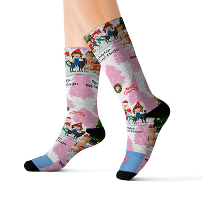 Humorous Sleek High Quality Cushioned "Holiday/Christmas" 'TPPG Brand' - Pink/Lt. Blue/White multi-color Holiday Style Socks