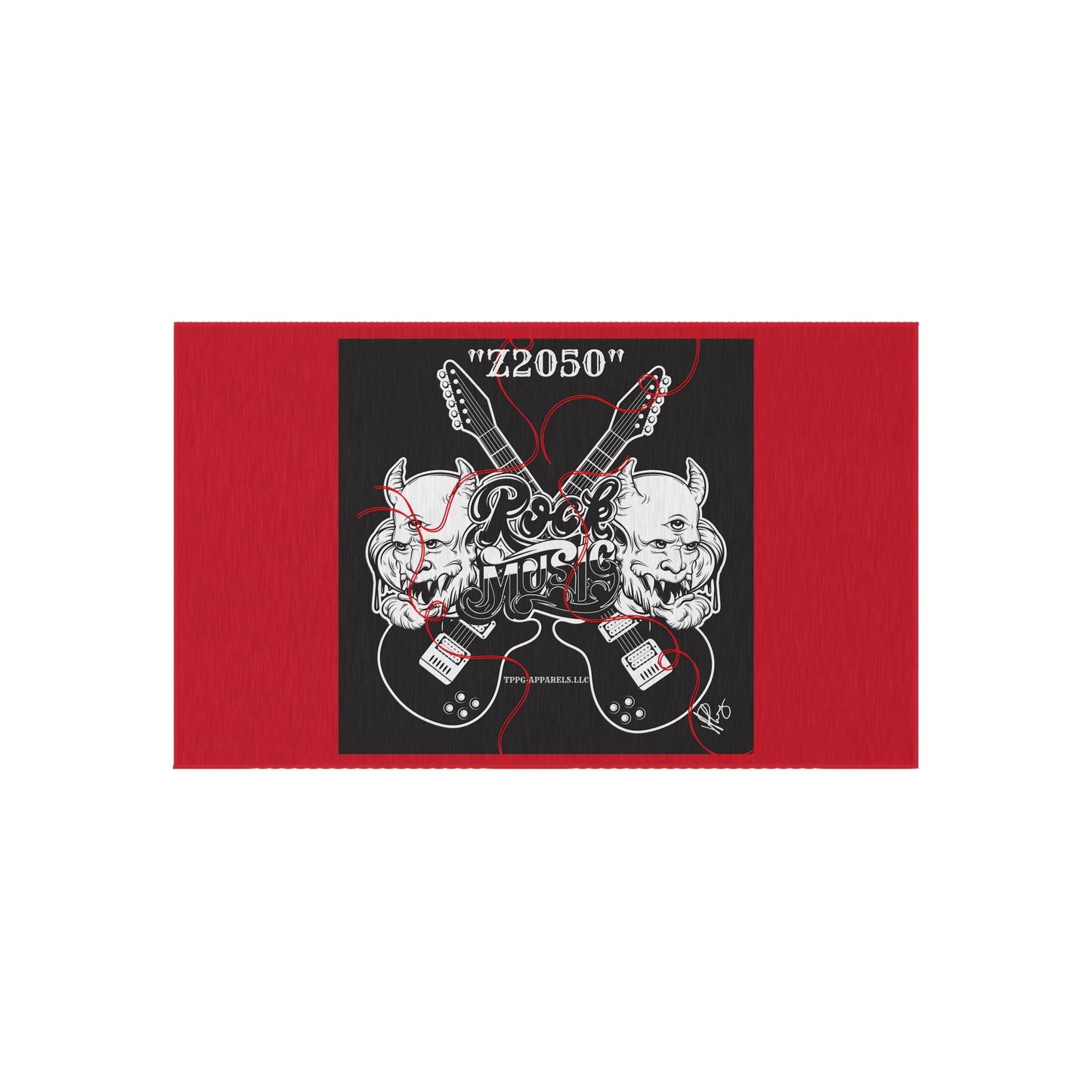 Sleek ('Z2050 Rock Music') Red & Black Durable & Non-Slip Outdoor Rug