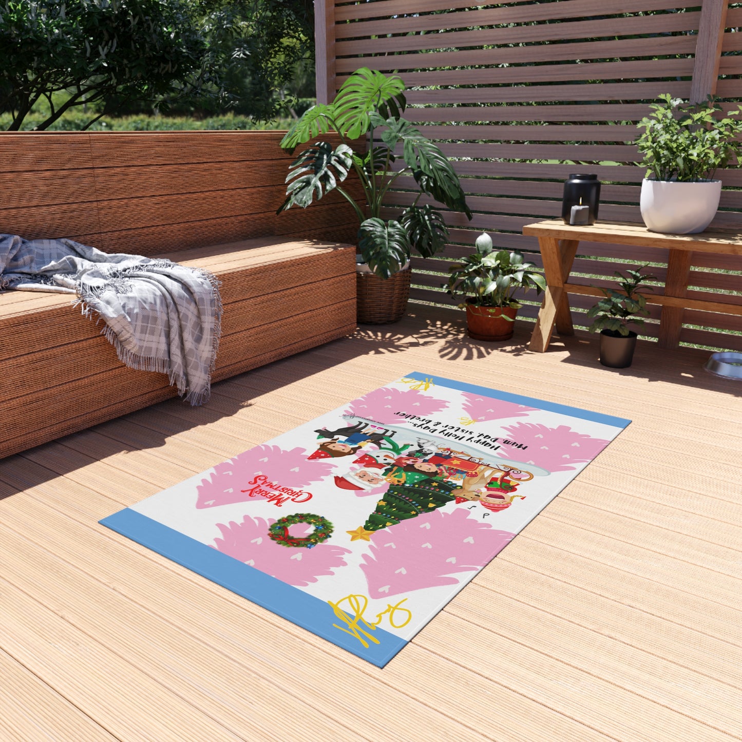 Pink/Light Blue Durable Outdoor Rug-'TPPG Holiday/Christmas Collection"