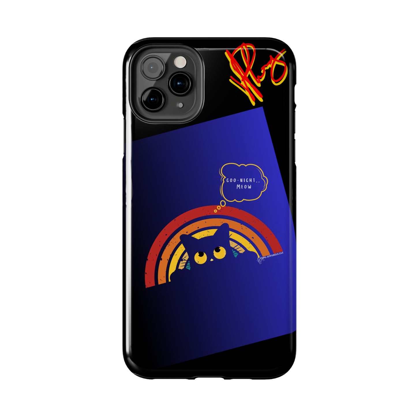 Our Cutest "Goo Night Meow.." Pet Designs (in a Bold Purple/Blue/Black Base Color) Verision from the 'TPPG Collection' Line carries Several sizes of the "iPhone Series" Tough Phone Cases