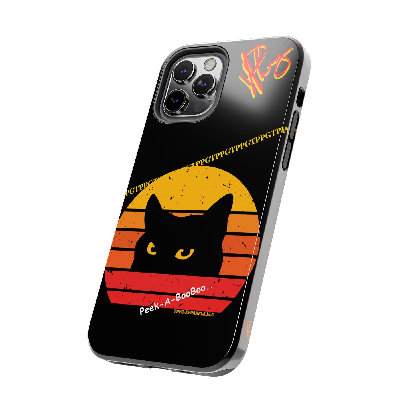 One of our Cutest Cat "Peek-A-BOOO.." Pet Designs (in a Bold Yellow/Orange/Red Base Colors) Verision from the 'TPPG Collection' Line carries Several sizes of the "iPhone Series" Tough Phone Cases