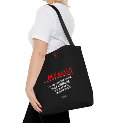 Fun 3 sizes - Black 'Hey, Boss' Handy 'Brand Quotable Design' - Front facing Style Design Tote Bag from the 'TPPG-Apparel' Brand Collection