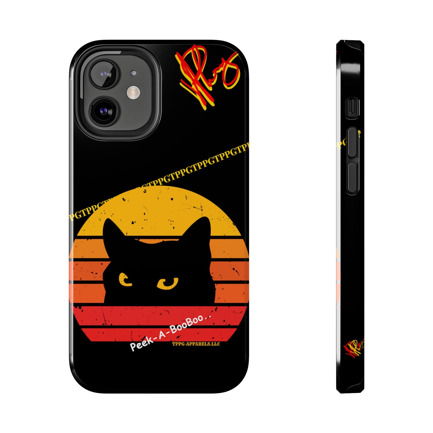 One of our Cutest Cat "Peek-A-BOOO.." Pet Designs (in a Bold Yellow/Orange/Red Base Colors) Verision from the 'TPPG Collection' Line carries Several sizes of the "iPhone Series" Tough Phone Cases