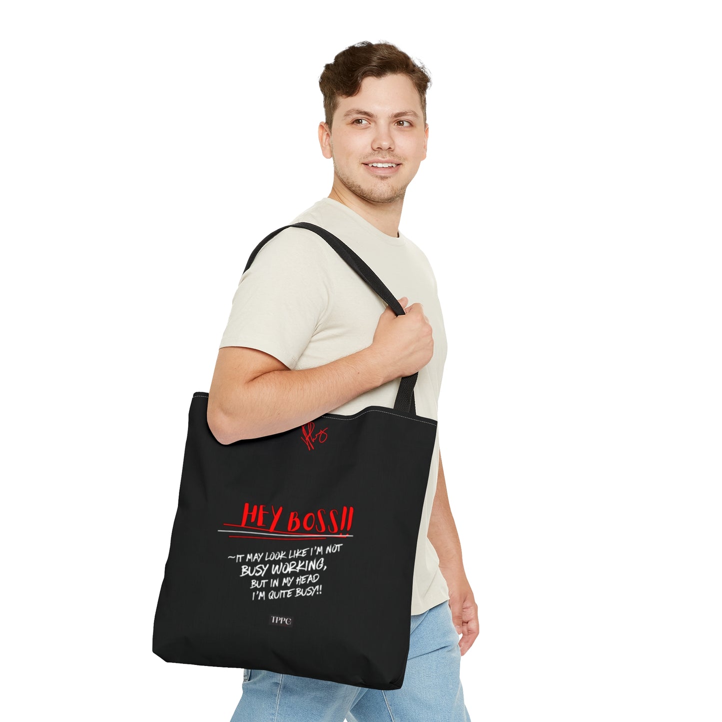 Fun 3 sizes - Black 'Hey, Boss' Handy 'Brand Quotable Design' - Front facing Style Design Tote Bag from the 'TPPG-Apparel' Brand Collection