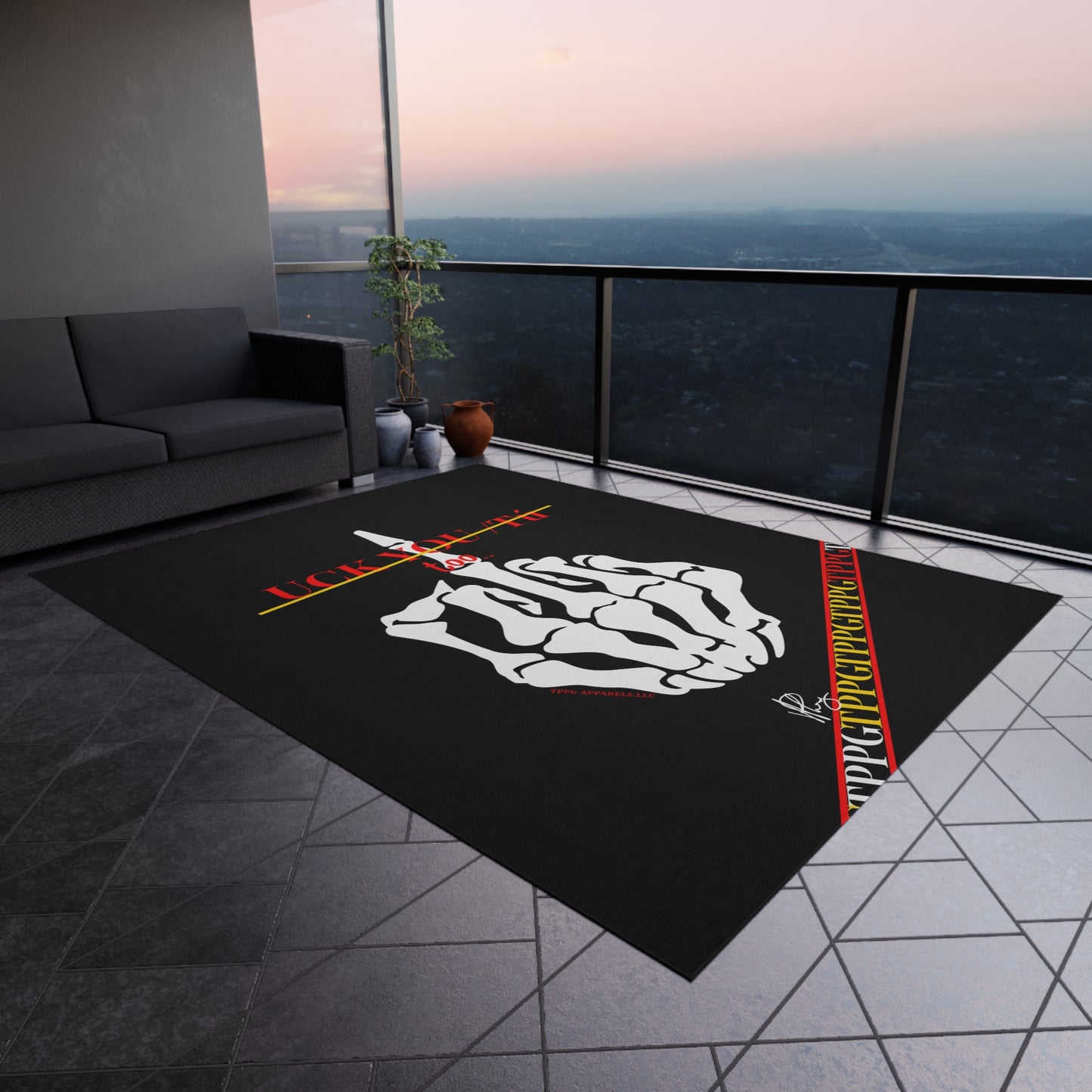 'TPPG Skelton Rock Design ('Uck You Tú')-Jet Black Durable & Non-Slip Outdoor Rug