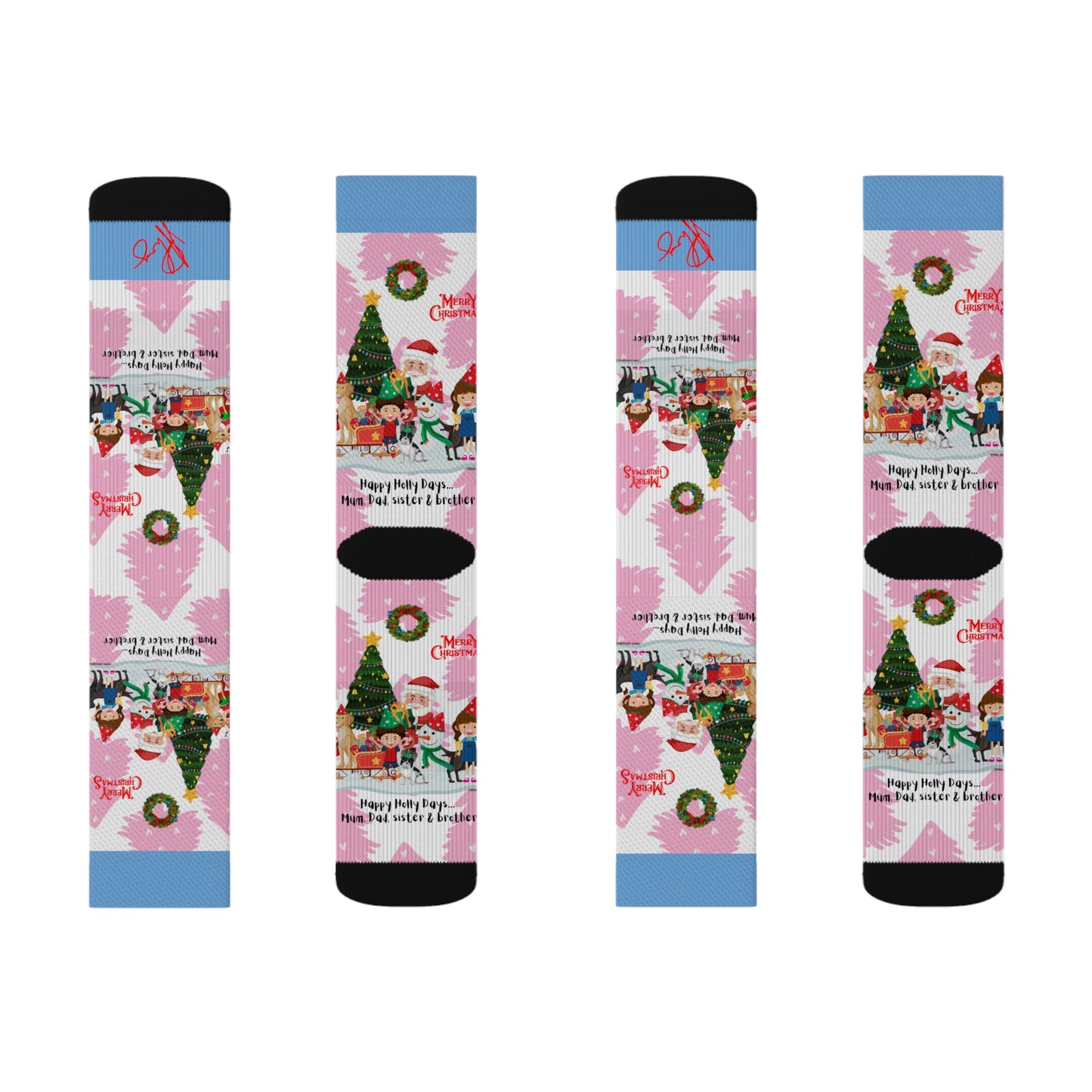 Humorous Sleek High Quality Cushioned "Holiday/Christmas" 'TPPG Brand' - Pink/Lt. Blue/White multi-color Holiday Style Socks