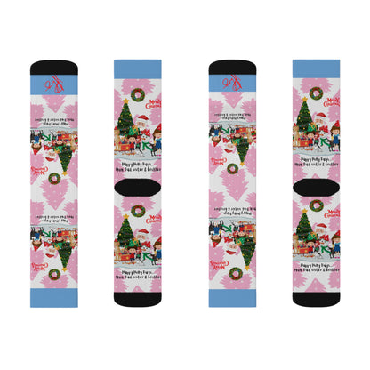 Humorous Sleek High Quality Cushioned "Holiday/Christmas" 'TPPG Brand' - Pink/Lt. Blue/White multi-color Holiday Style Socks