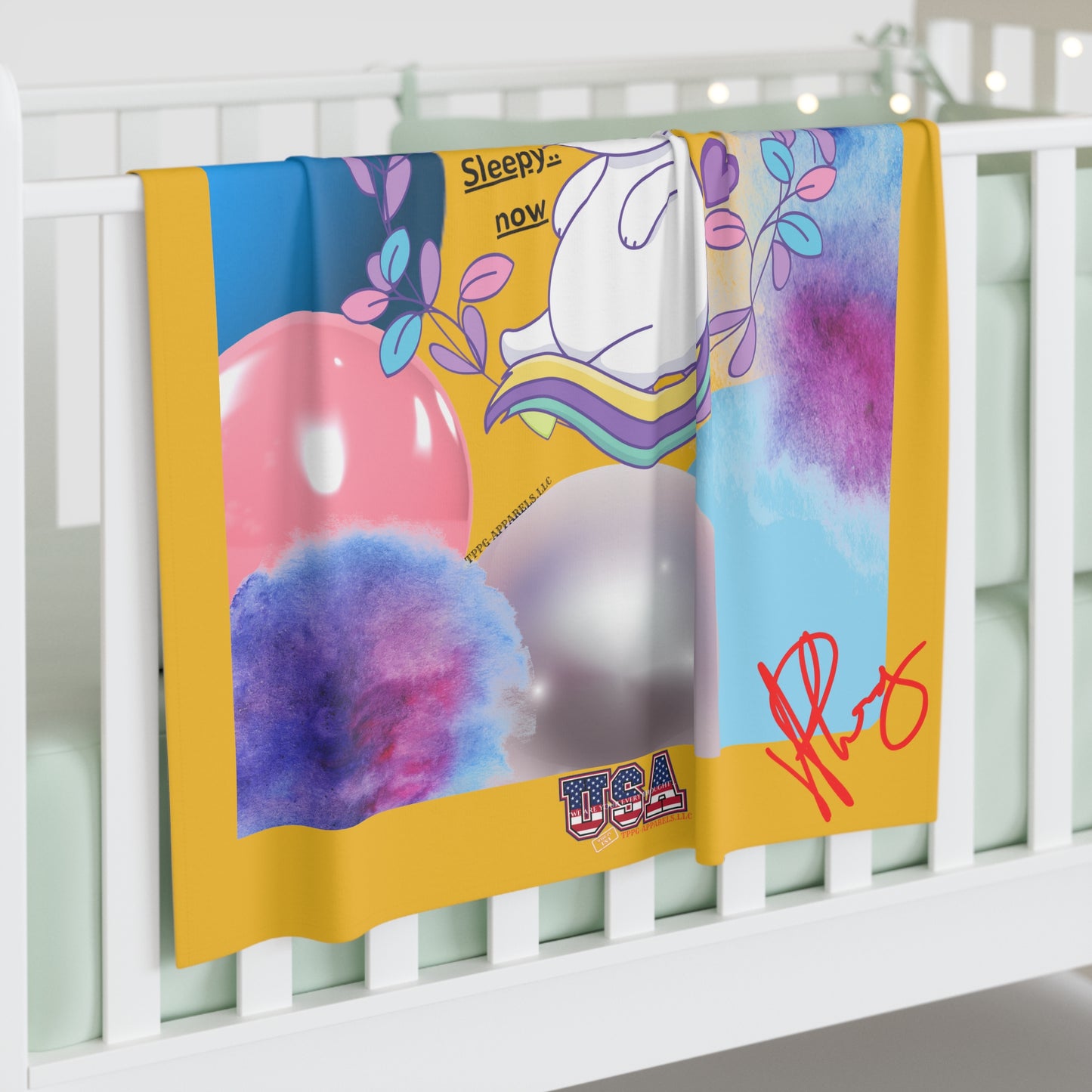 30"x40" (Yellow w/Red Signature) Infant/Baby Jersey 'I'm Sleepy NOW-USA' Swaddle Blanket by: "TPPG Infant/Toddler" Collections