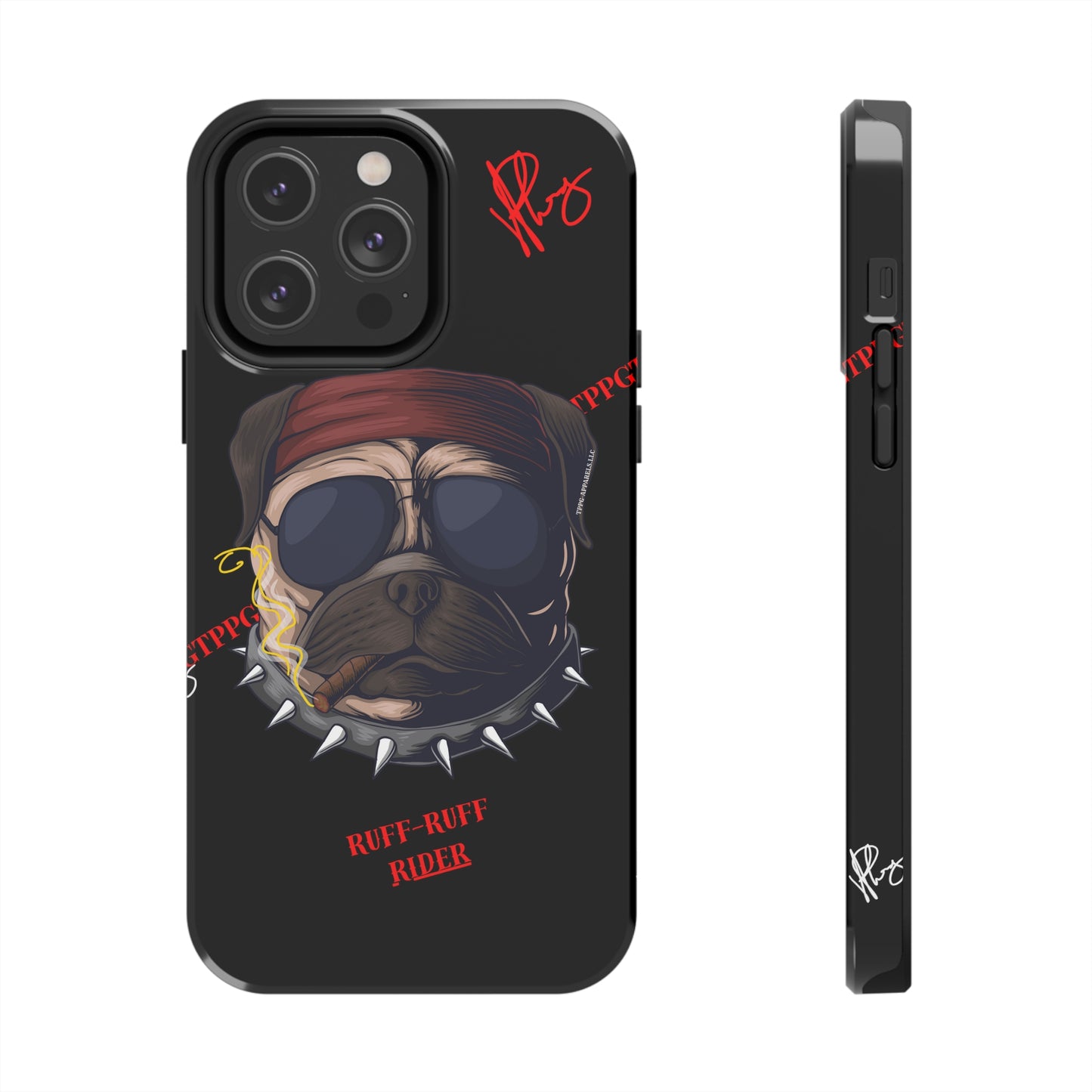 This Tough Design of A "Ruff Rider" with a Black Base Color - Cute Pet Design for Dog Owners Verision from the 'TPPG Collection' Line carries Several sizes of the "iPhone Series" Tough Phone Cases