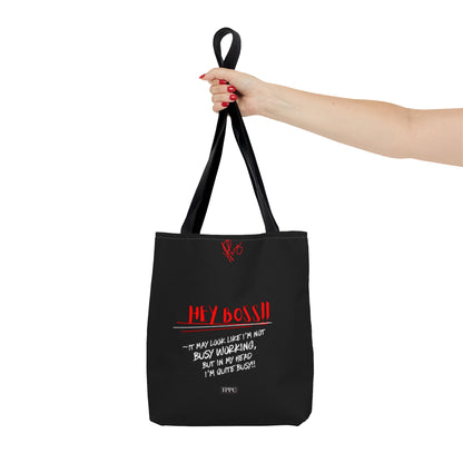 Fun 3 sizes - Black 'Hey, Boss' Handy 'Brand Quotable Design' - Front facing Style Design Tote Bag from the 'TPPG-Apparel' Brand Collection