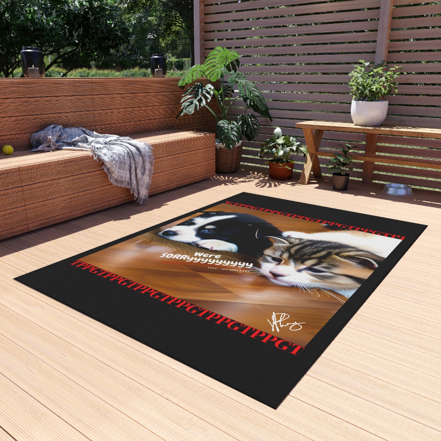 Durable Non-Slip Outdoor Carpet/Rug ('We're Sorryyyyyy') Cat Design (Black Background)