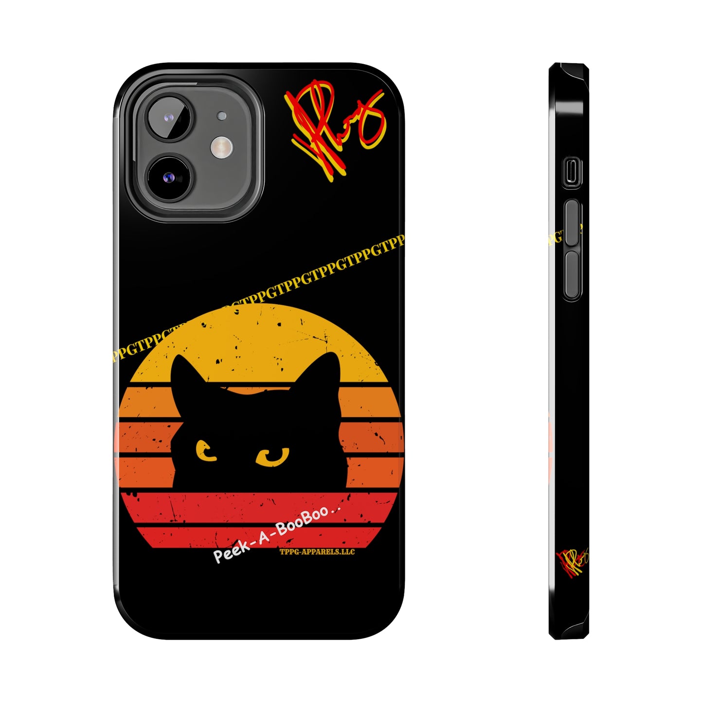 One of our Cutest Cat "Peek-A-BOOO.." Pet Designs (in a Bold Yellow/Orange/Red Base Colors) Verision from the 'TPPG Collection' Line carries Several sizes of the "iPhone Series" Tough Phone Cases