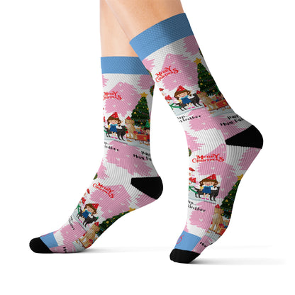 Humorous Sleek High Quality Cushioned "Holiday/Christmas" 'TPPG Brand' - Pink/Lt. Blue/White multi-color Holiday Style Socks