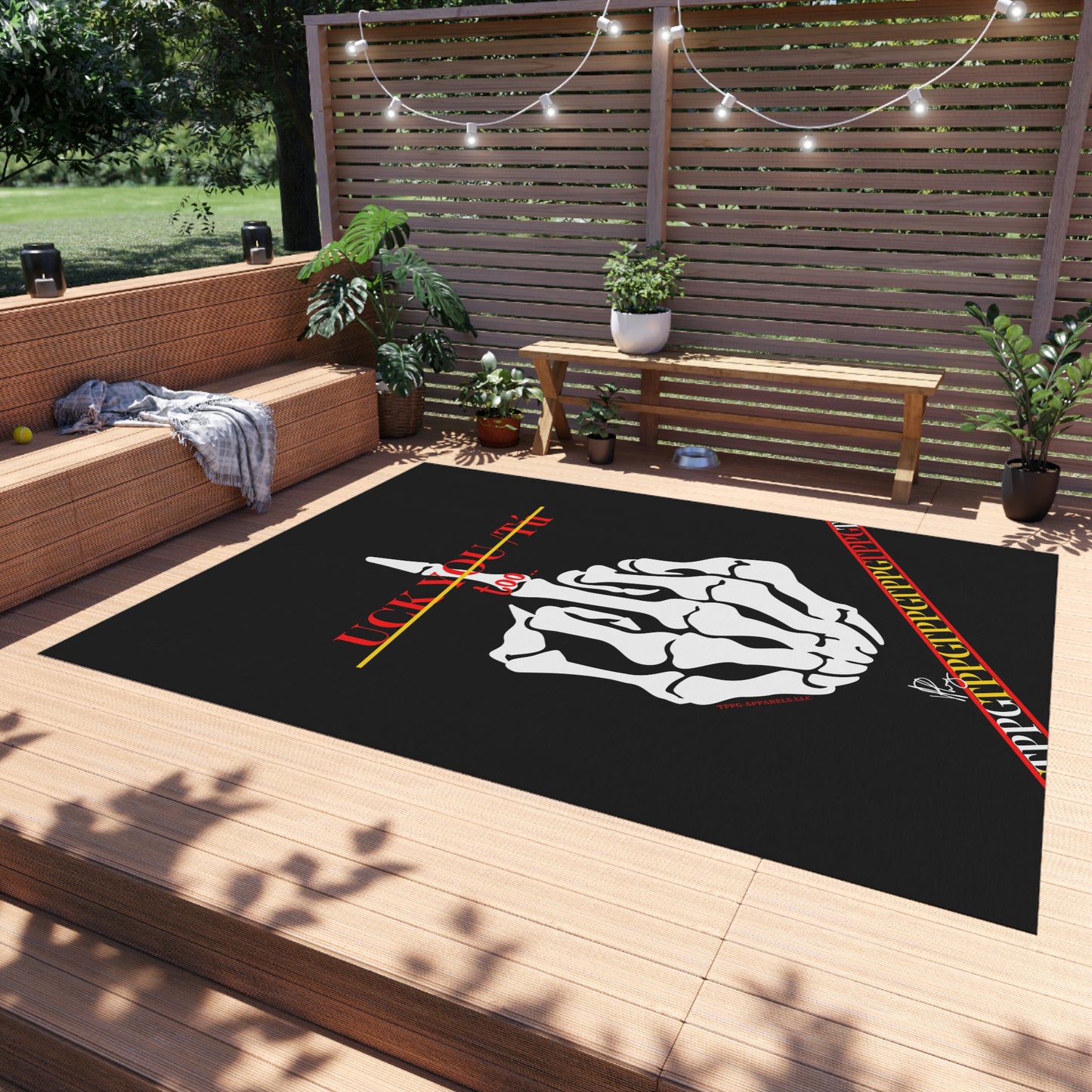 'TPPG Skelton Rock Design ('Uck You Tú')-Jet Black Durable & Non-Slip Outdoor Rug