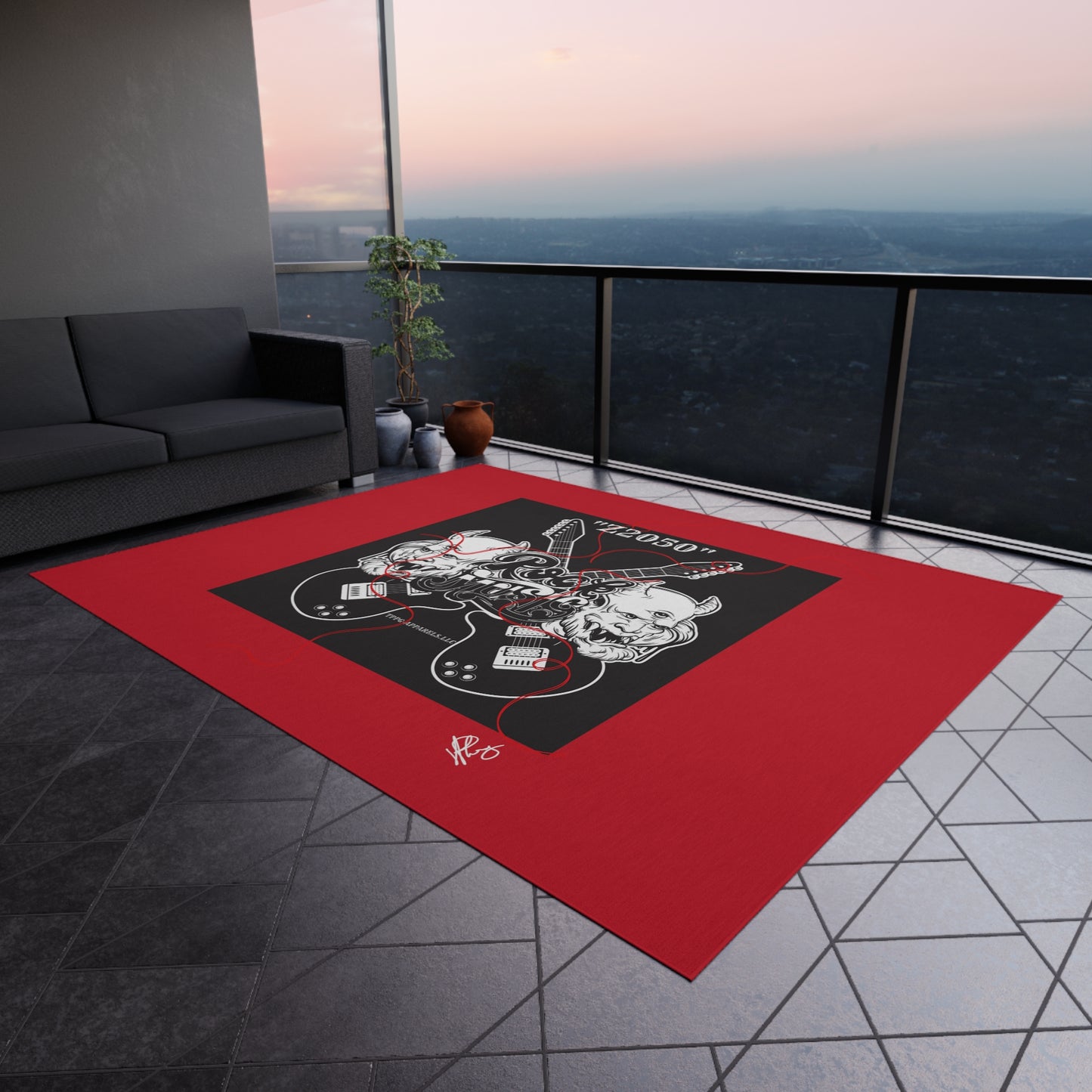 Sleek ('Z2050 Rock Music') Red & Black Durable & Non-Slip Outdoor Rug