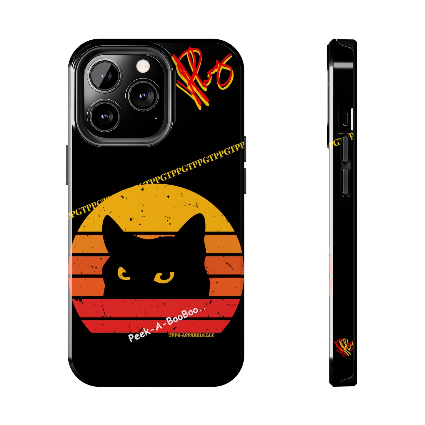 One of our Cutest Cat "Peek-A-BOOO.." Pet Designs (in a Bold Yellow/Orange/Red Base Colors) Verision from the 'TPPG Collection' Line carries Several sizes of the "iPhone Series" Tough Phone Cases