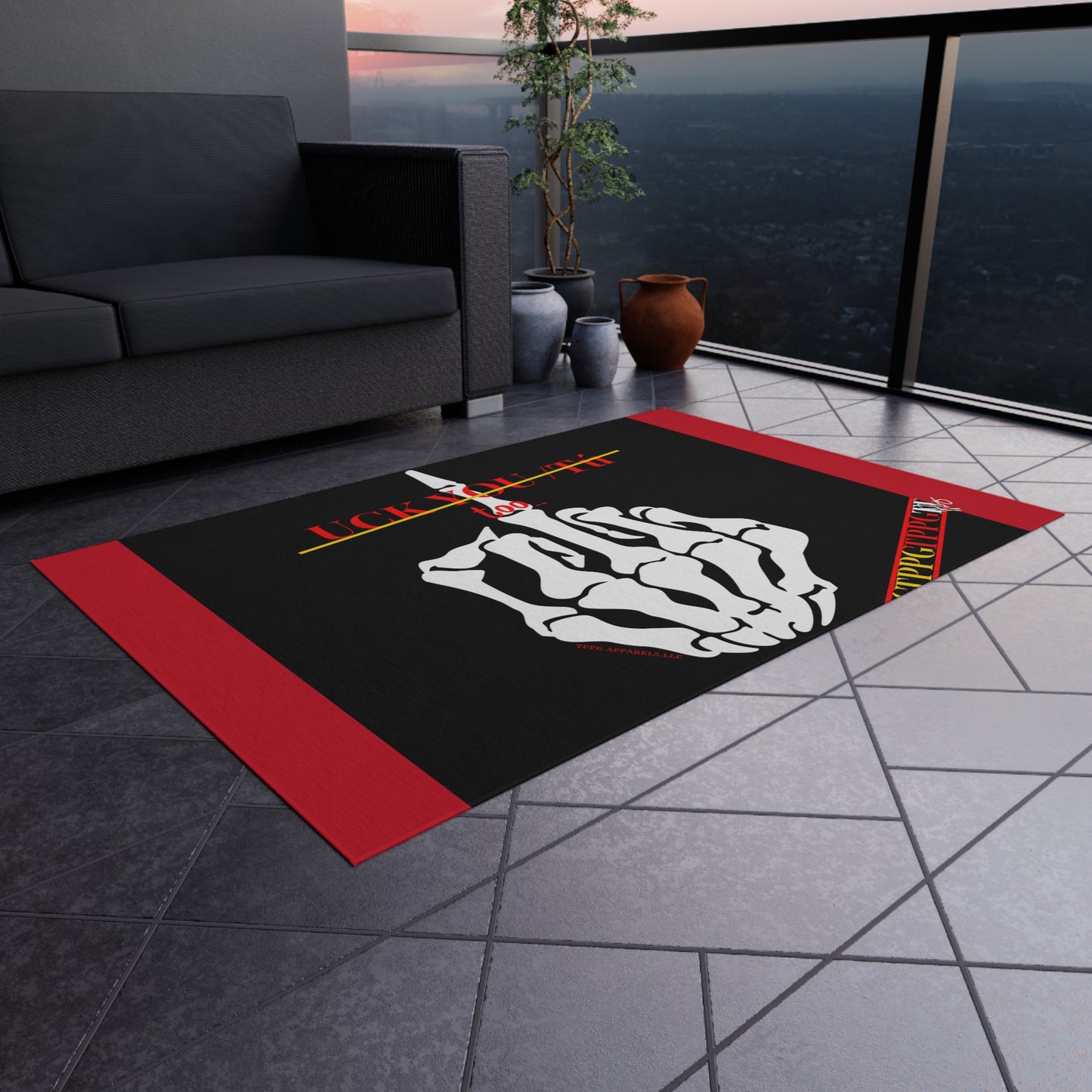 'TPPG'-Kool Rock Skelton Design ('Uck You Tú') Red/Black Durable & Non-Slip Outdoor Rug