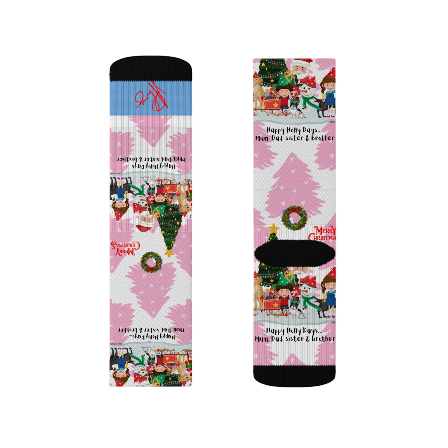 Humorous Sleek High Quality Cushioned "Holiday/Christmas" 'TPPG Brand' - Pink/Lt. Blue/White multi-color Holiday Style Socks