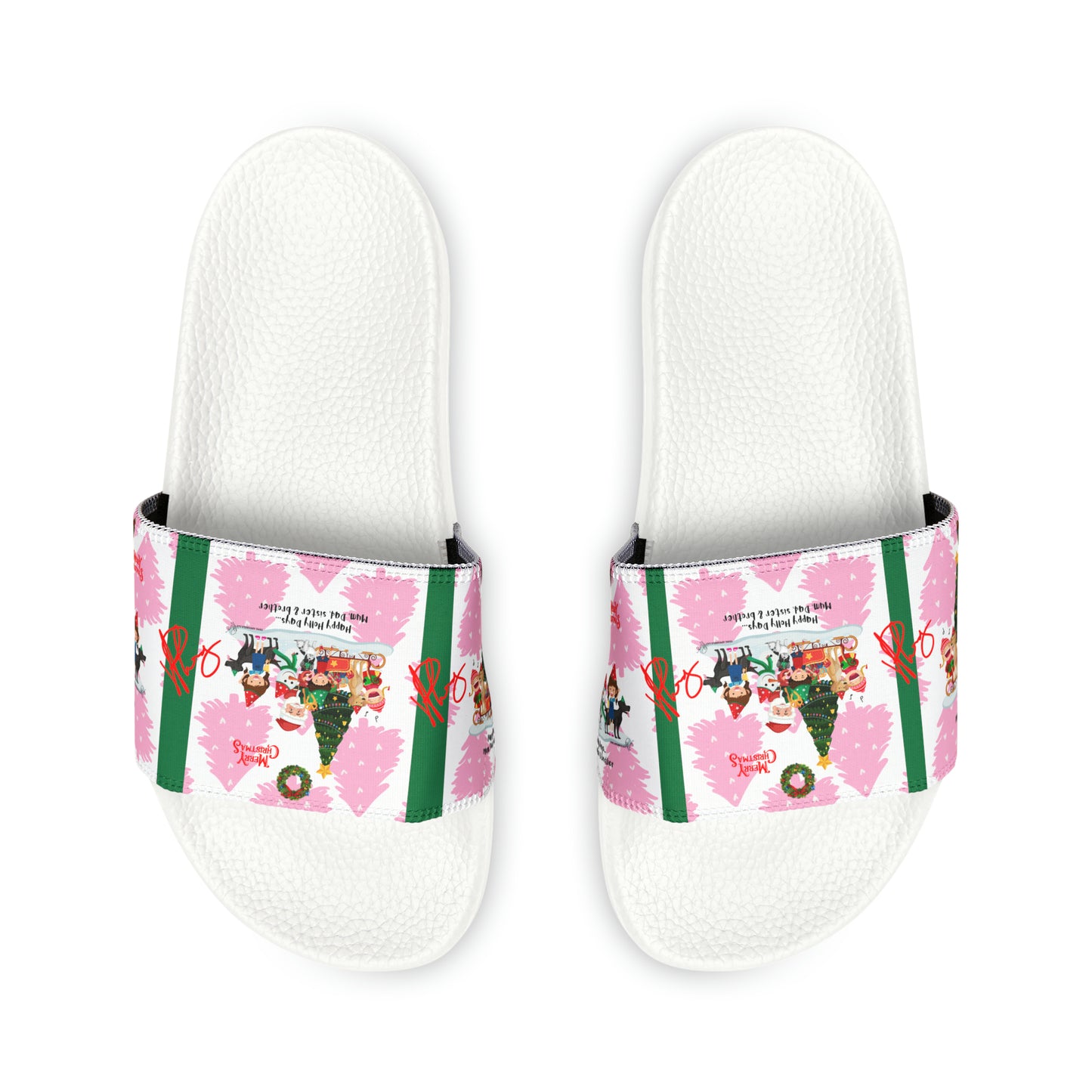 Our "TPPG Brand" White Top/White or Black Soles "Holiday" Printed Men/Women's & Children Slide Sandals