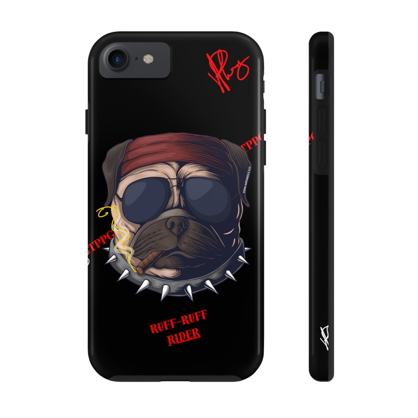 This Tough Design of A "Ruff Rider" with a Black Base Color - Cute Pet Design for Dog Owners Verision from the 'TPPG Collection' Line carries Several sizes of the "iPhone Series" Tough Phone Cases