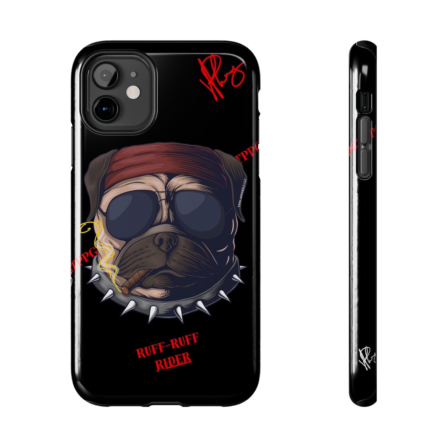 This Tough Design of A "Ruff Rider" with a Black Base Color - Cute Pet Design for Dog Owners Verision from the 'TPPG Collection' Line carries Several sizes of the "iPhone Series" Tough Phone Cases