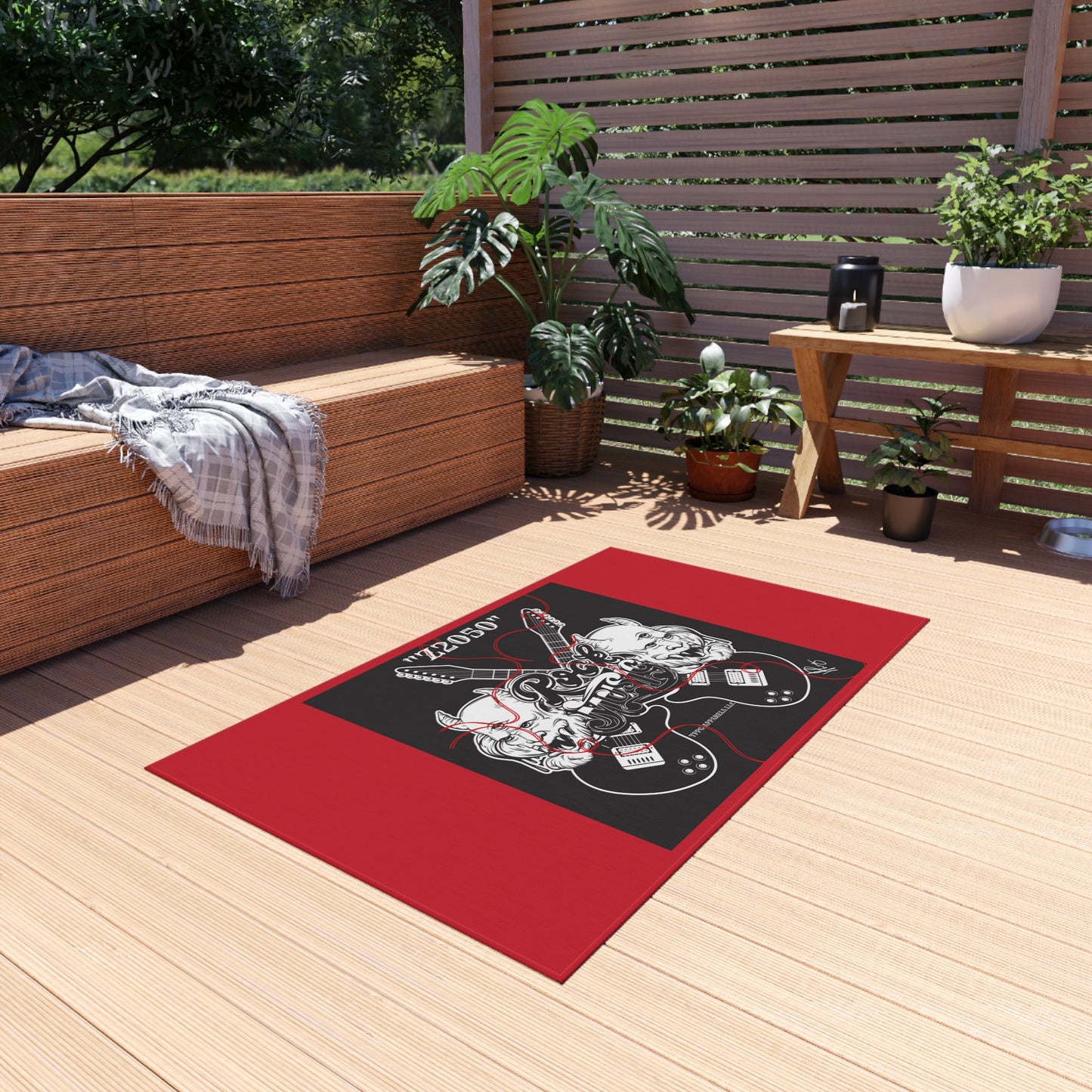 Sleek ('Z2050 Rock Music') Red & Black Durable & Non-Slip Outdoor Rug