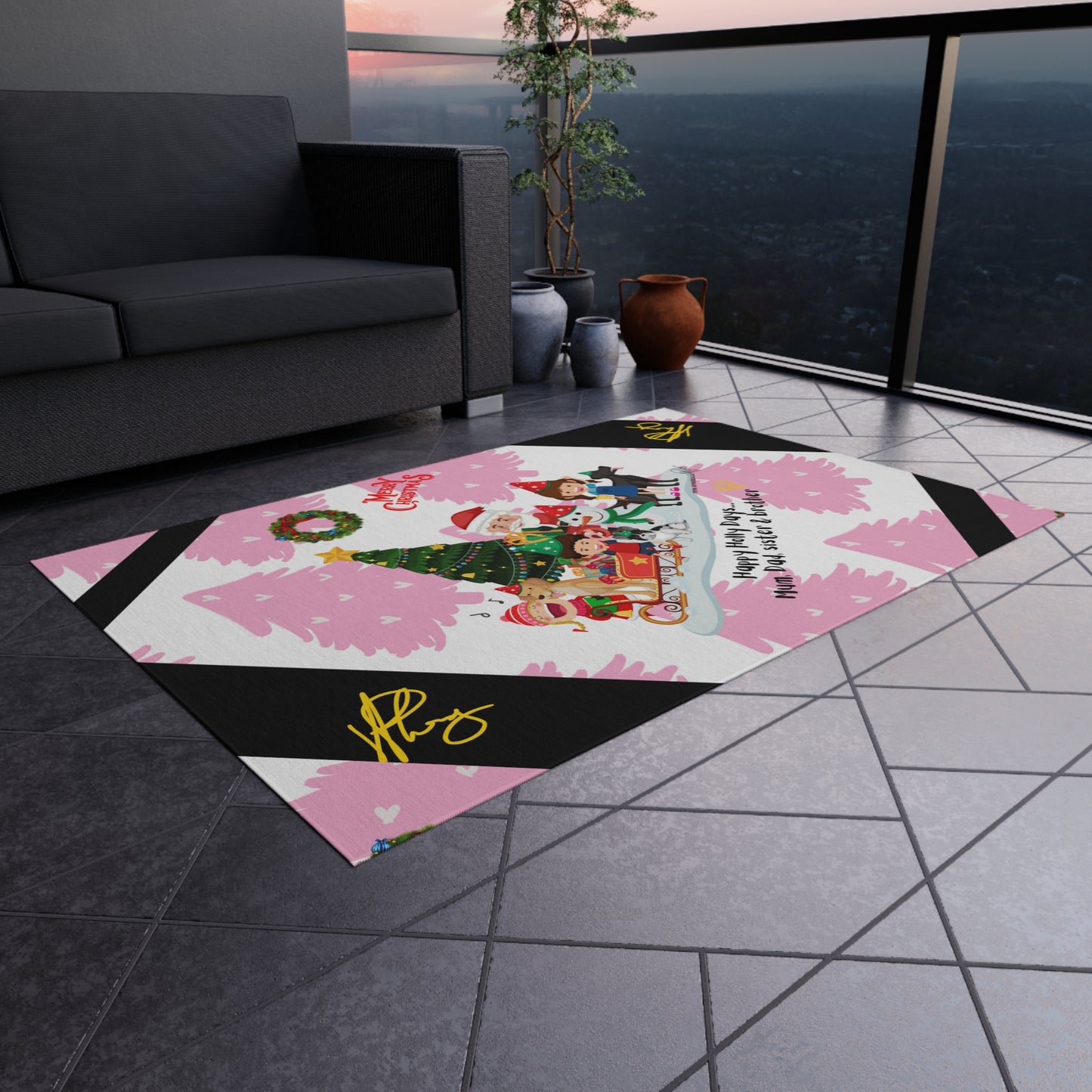 'TPPG Holiday/Christmas Collection"-Design on a Pink/Black Multi-Color Durable Outdoor Rug