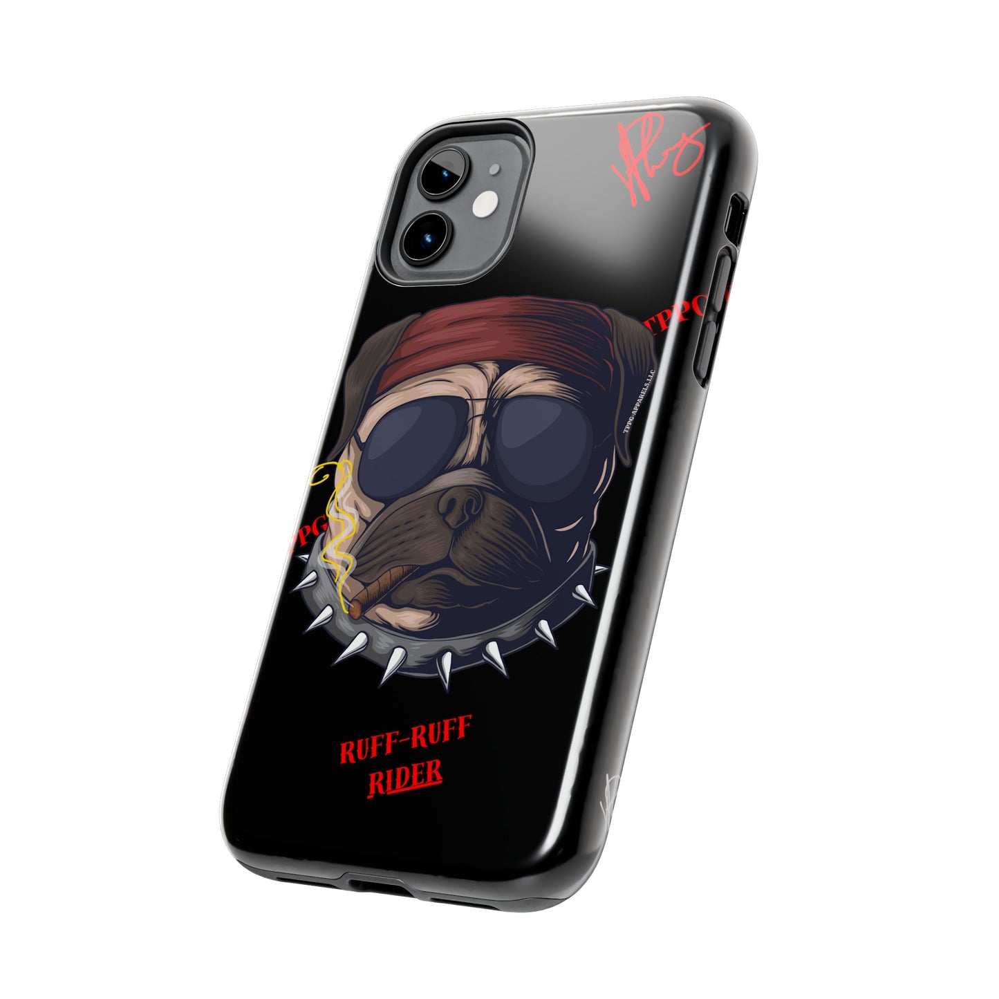 This Tough Design of A "Ruff Rider" with a Black Base Color - Cute Pet Design for Dog Owners Verision from the 'TPPG Collection' Line carries Several sizes of the "iPhone Series" Tough Phone Cases