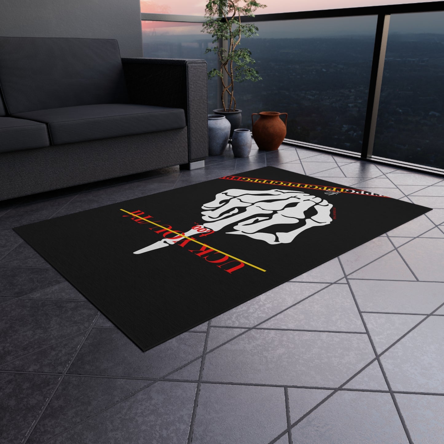 'TPPG Skelton Rock Design ('Uck You Tú')-Jet Black Durable & Non-Slip Outdoor Rug