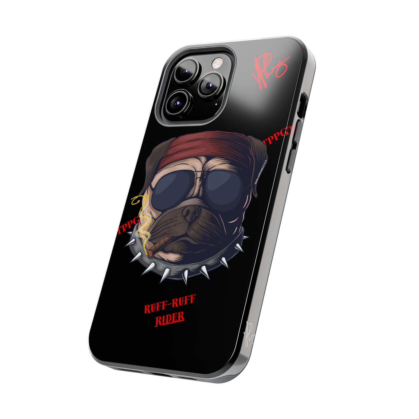 This Tough Design of A "Ruff Rider" with a Black Base Color - Cute Pet Design for Dog Owners Verision from the 'TPPG Collection' Line carries Several sizes of the "iPhone Series" Tough Phone Cases