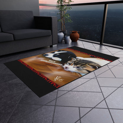 Durable Non-Slip Outdoor Carpet/Rug ('We're Sorryyyyyy') Cat Design (Black Background)