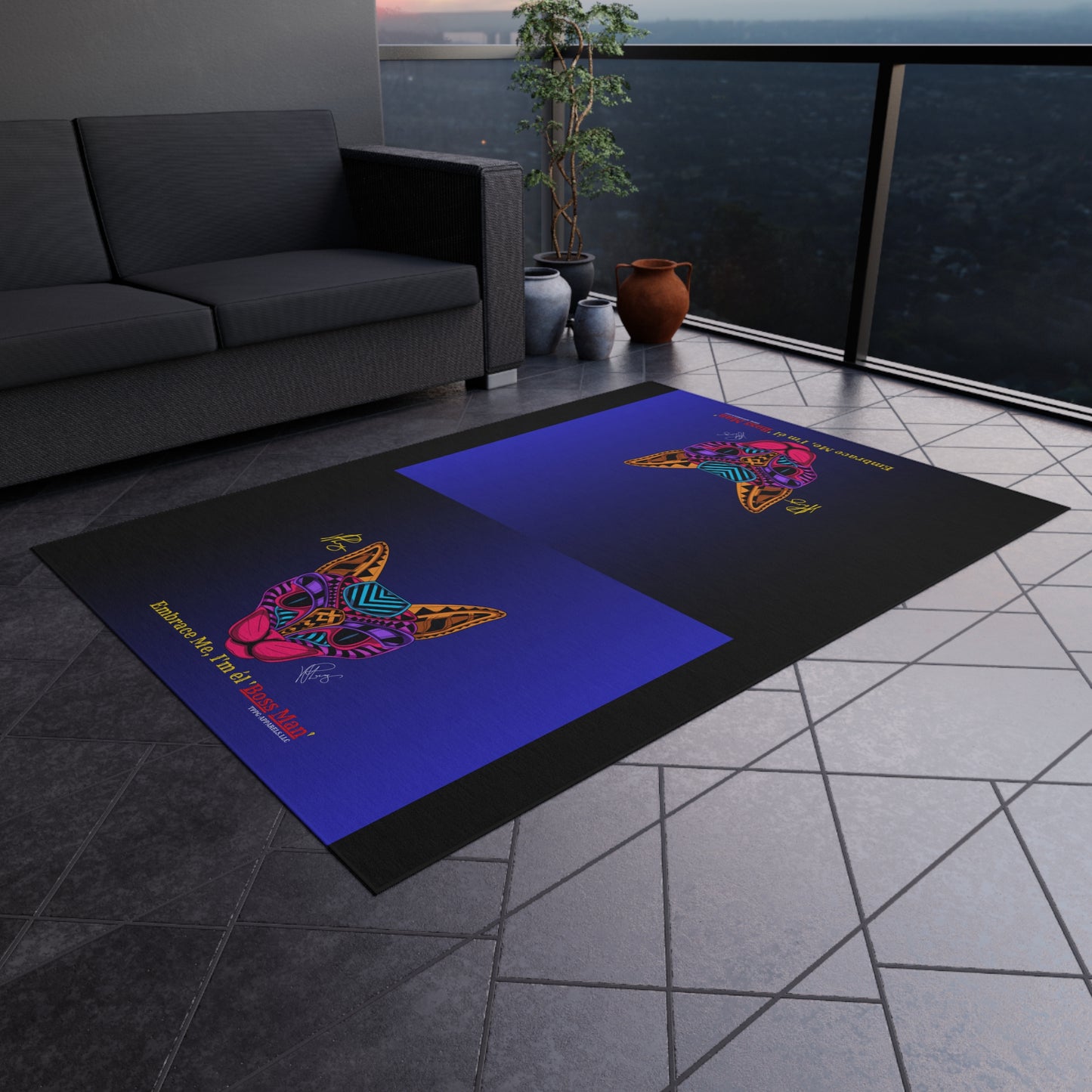 Durable Dark Multi-Color Outdoor Rug/Carpet-'Cat-Boss Man' Style Design