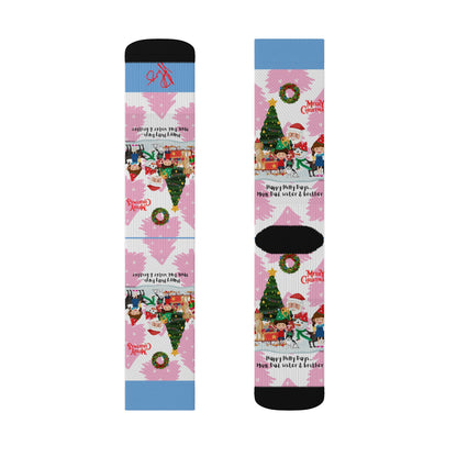 Humorous Sleek High Quality Cushioned "Holiday/Christmas" 'TPPG Brand' - Pink/Lt. Blue/White multi-color Holiday Style Socks