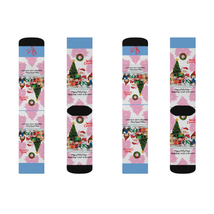 Humorous Sleek High Quality Cushioned "Holiday/Christmas" 'TPPG Brand' - Pink/Lt. Blue/White multi-color Holiday Style Socks