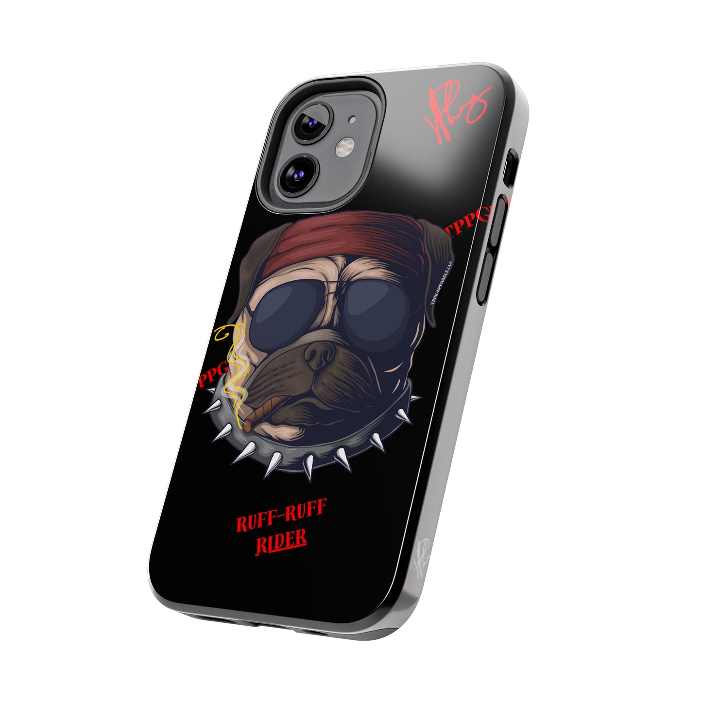 This Tough Design of A "Ruff Rider" with a Black Base Color - Cute Pet Design for Dog Owners Verision from the 'TPPG Collection' Line carries Several sizes of the "iPhone Series" Tough Phone Cases