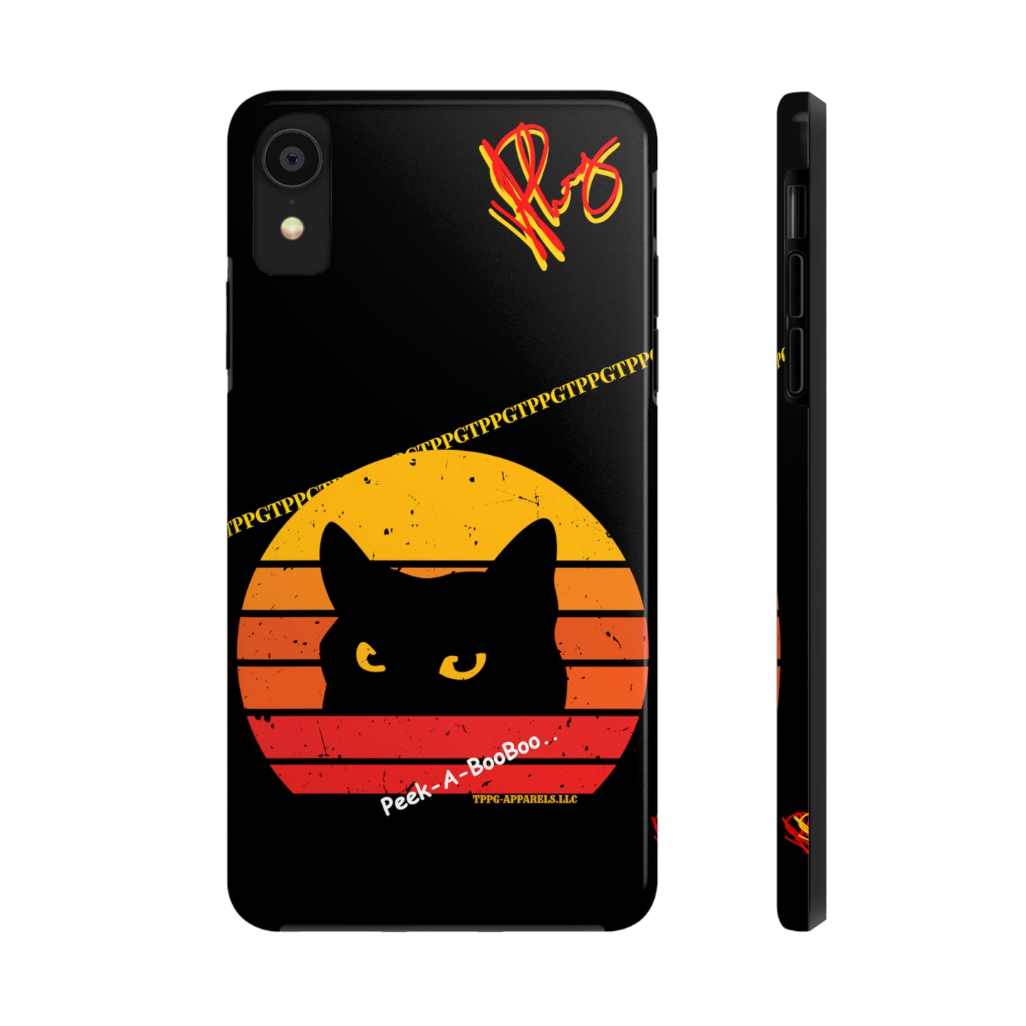 One of our Cutest Cat "Peek-A-BOOO.." Pet Designs (in a Bold Yellow/Orange/Red Base Colors) Verision from the 'TPPG Collection' Line carries Several sizes of the "iPhone Series" Tough Phone Cases