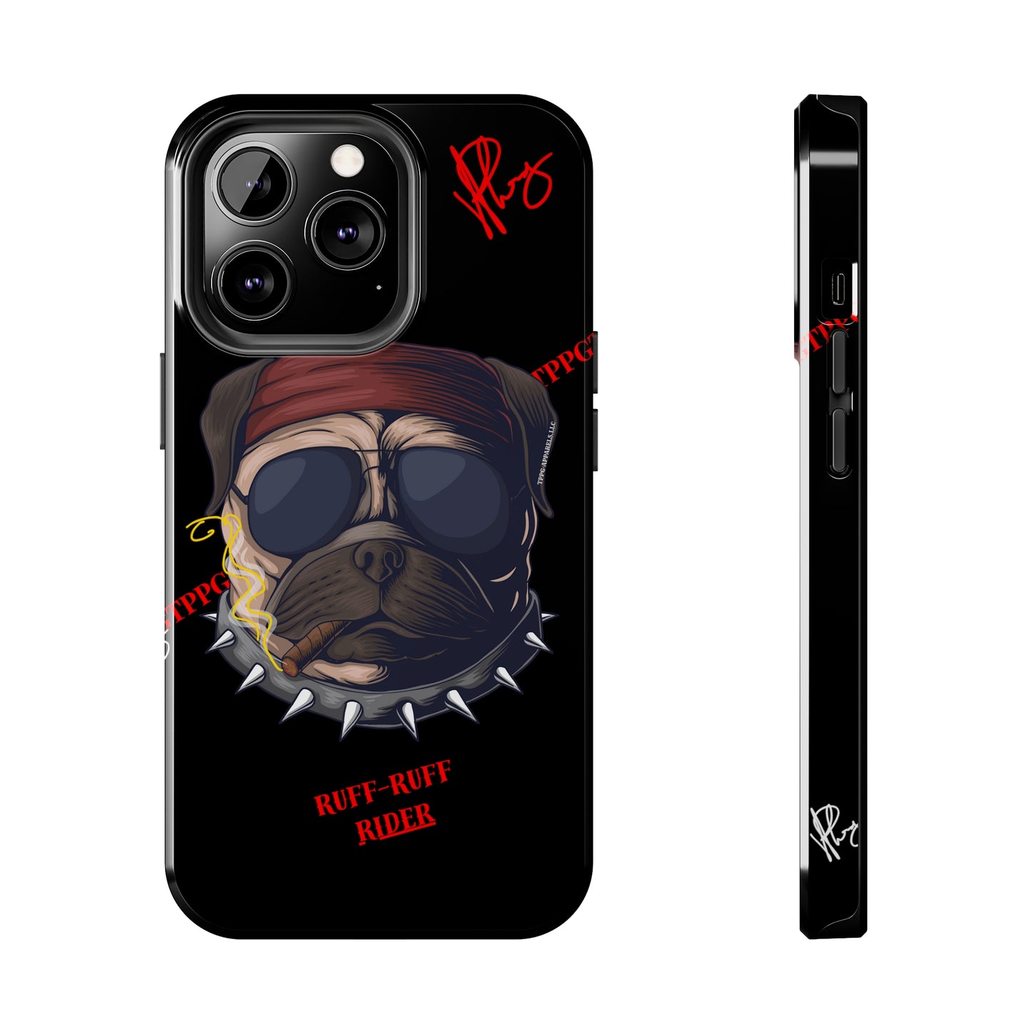 This Tough Design of A "Ruff Rider" with a Black Base Color - Cute Pet Design for Dog Owners Verision from the 'TPPG Collection' Line carries Several sizes of the "iPhone Series" Tough Phone Cases