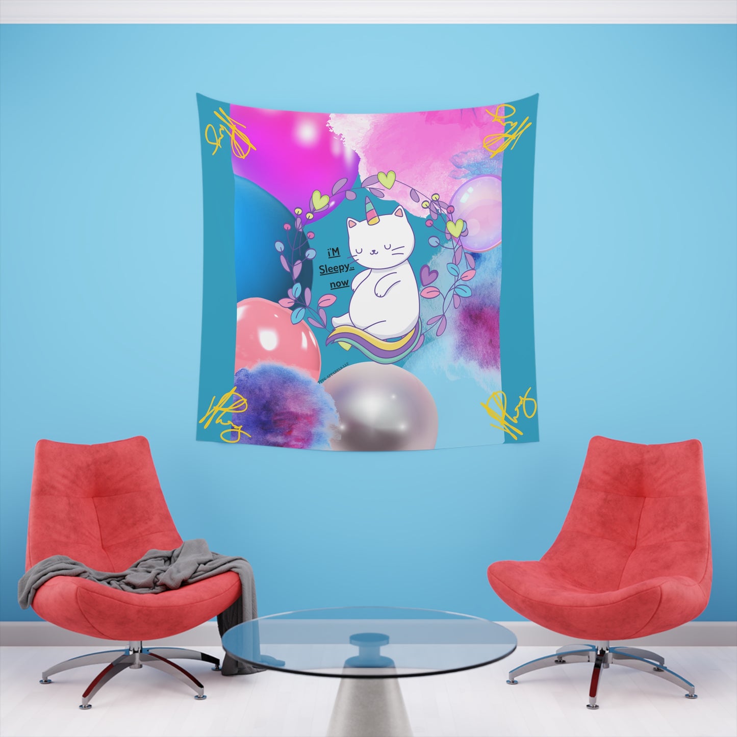 100% Polyester (I'm Sleepy, Now) Printed Wall Tapestry (Turquoise Base color) from "TPPG Collections"