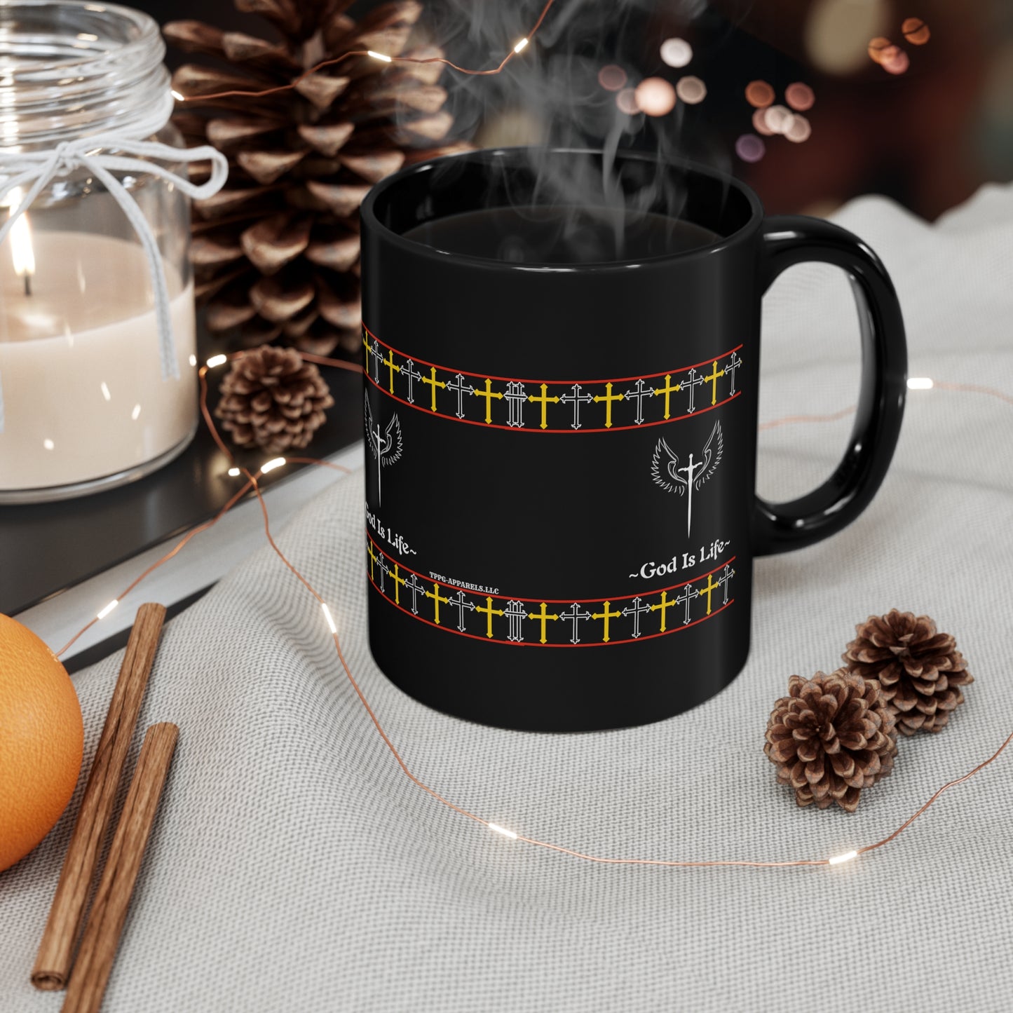 This Sleek 11oz Black "God Is Life" Glossy Style Mug - from the 'TPPG-Apparels' Brand Collection