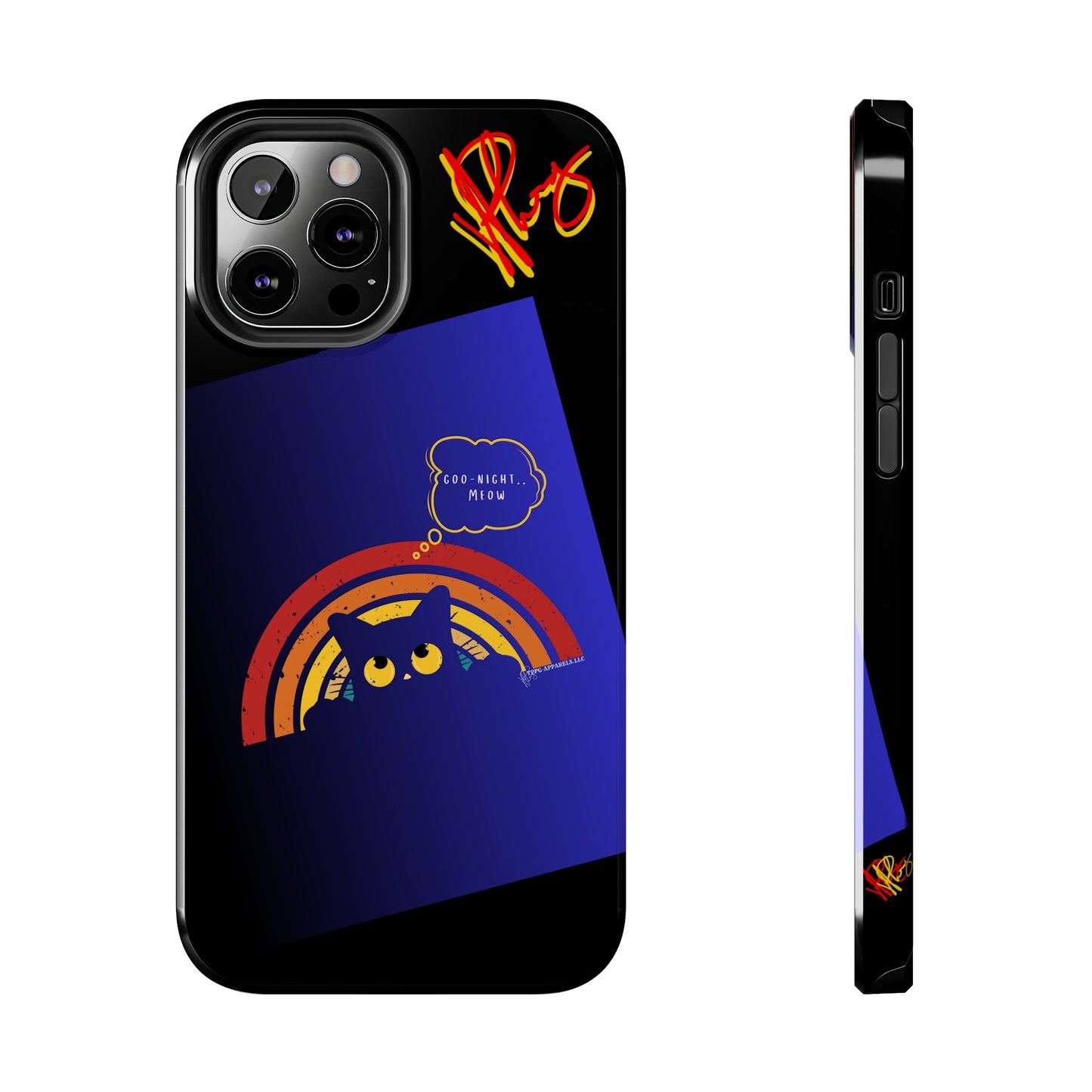 Our Cutest "Goo Night Meow.." Pet Designs (in a Bold Purple/Blue/Black Base Color) Verision from the 'TPPG Collection' Line carries Several sizes of the "iPhone Series" Tough Phone Cases